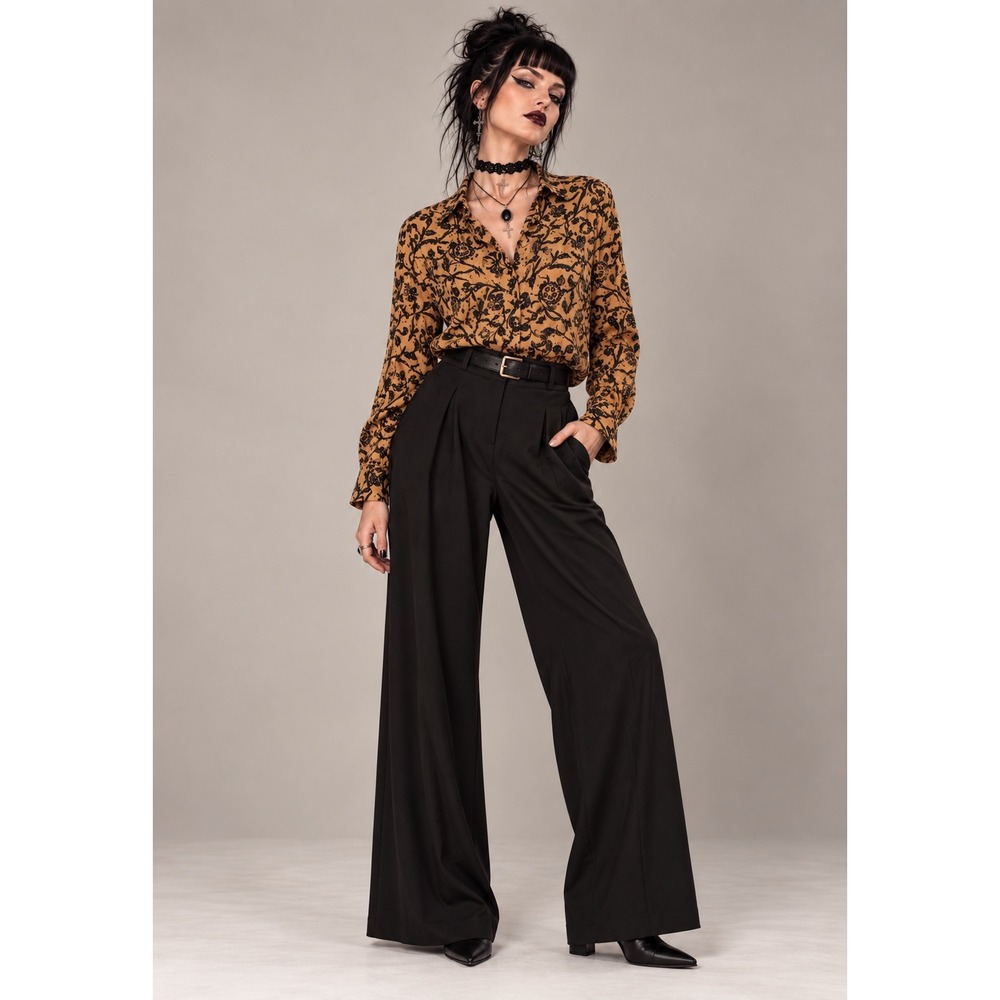 Tianello Womens Large Mustard Botanical Print Tencel Rayon Button Front Blouse